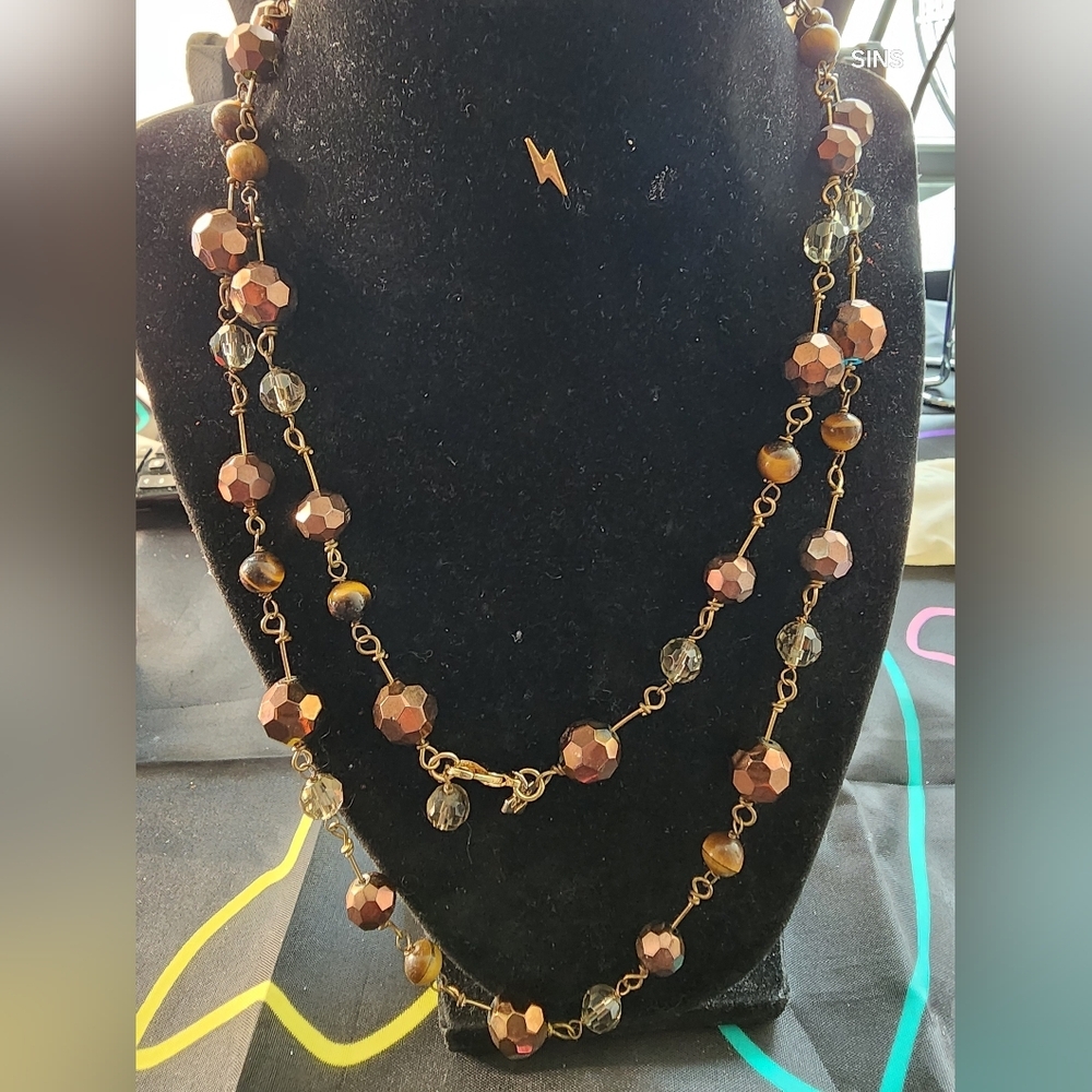 Cookie Lee Necklace Gold Tone Faceted Brown Glass Beads & Tiger eye Chain Link